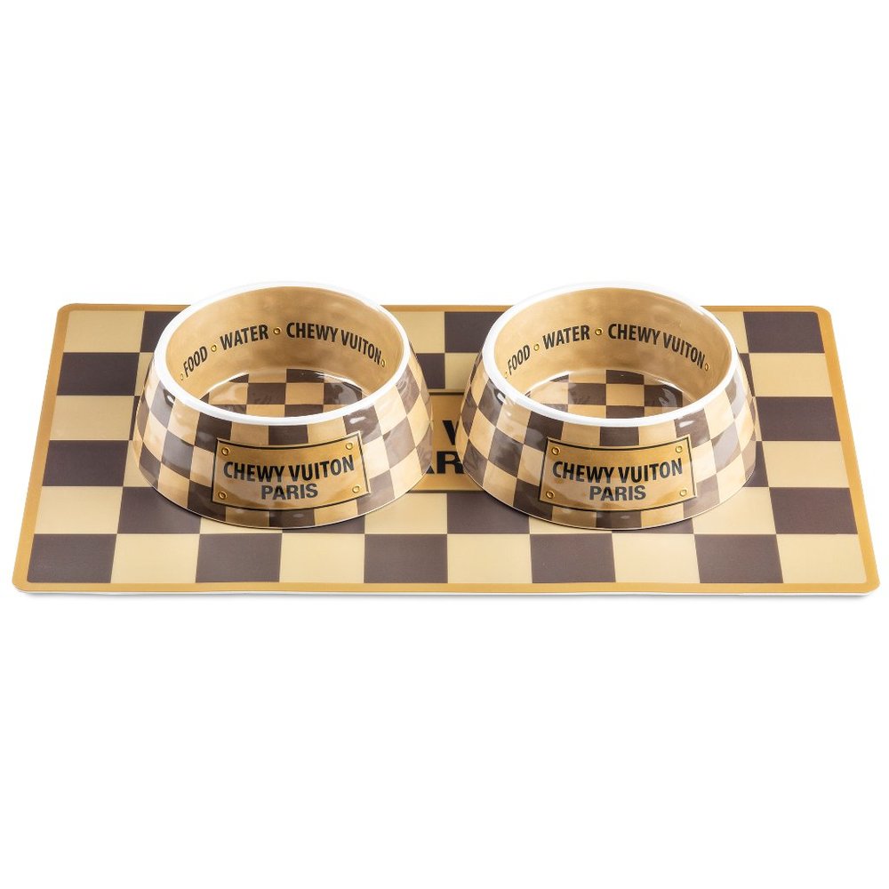 Chewy Vuiton Checker Dog bowls and placemat